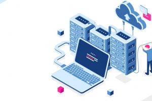 Big data source, data center, cloud computing and cloud storage isometric concept, server room rack, man engineer, flat vector illustration, blue and pink