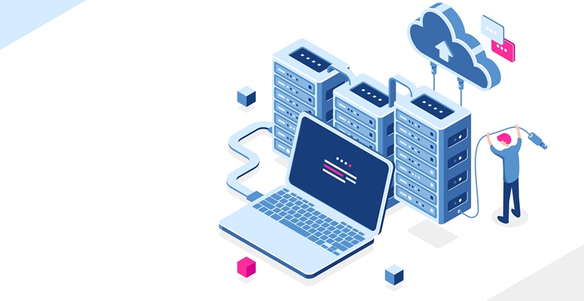 Big data source, data center, cloud computing and cloud storage isometric concept, server room rack, man engineer, flat vector illustration, blue and pink